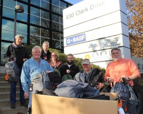 75 backpacks received to assist homeless veterans this winter from BASF ready for deliveries.