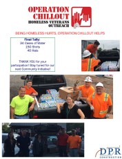 A big thank you to Catherine and her DPR Construction Company team which collected a pickup truck full of cases of life saving bottled water and hundreds of new tees and caps for the 2017 Summer Homeless Outreach Campaign!