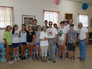 Outreach team Jim Moore, John Hennessey, MAJ Tony DeStefano and Ray Chimileski with Sr. Jacinta Fernandes and teen volunteers from parishes in the Newark Archdiocese. OPERATION CHILLOUT summer outreach delivered 70 cases of water and dozens of sets of new tee shirts. caps, socks and toiletry items to the Elizabeth Coalition for the Homeless.