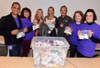 Mallinkrodt Corp. team prepares emergency toiletry kits for the 2017-18 winter homeless outreach campaign. From left to right: Michael Arora, Silvana Demers, Michele Paquette, Kristin Cullen, Ray Chimileski, Sabrina Kassay, Jeannette Mammaro