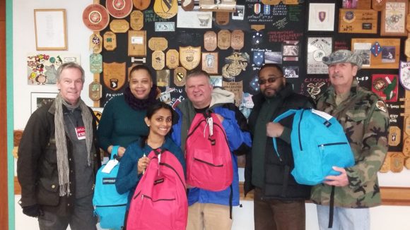  Chillout delivery team with staff at the VA Hospital in Lyons. Filled backpacks brought for all PTSD Treatment residents, the Women's Trauma Unit and Homeless Services Department.