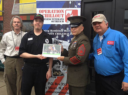 Gunnery Sergeant, Mario Monaco USMC (Ret) presents a certificate of appreciation to Applebee's - Flanders, NJ, for their support for OPERATION CHILLOUT's Homeless Veterans Outreach at flapjack breakfast benefit May 10.
